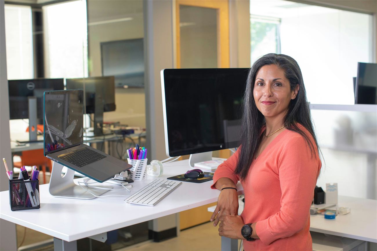 Empresaria completando la aplicación de Versatil Financial en línea